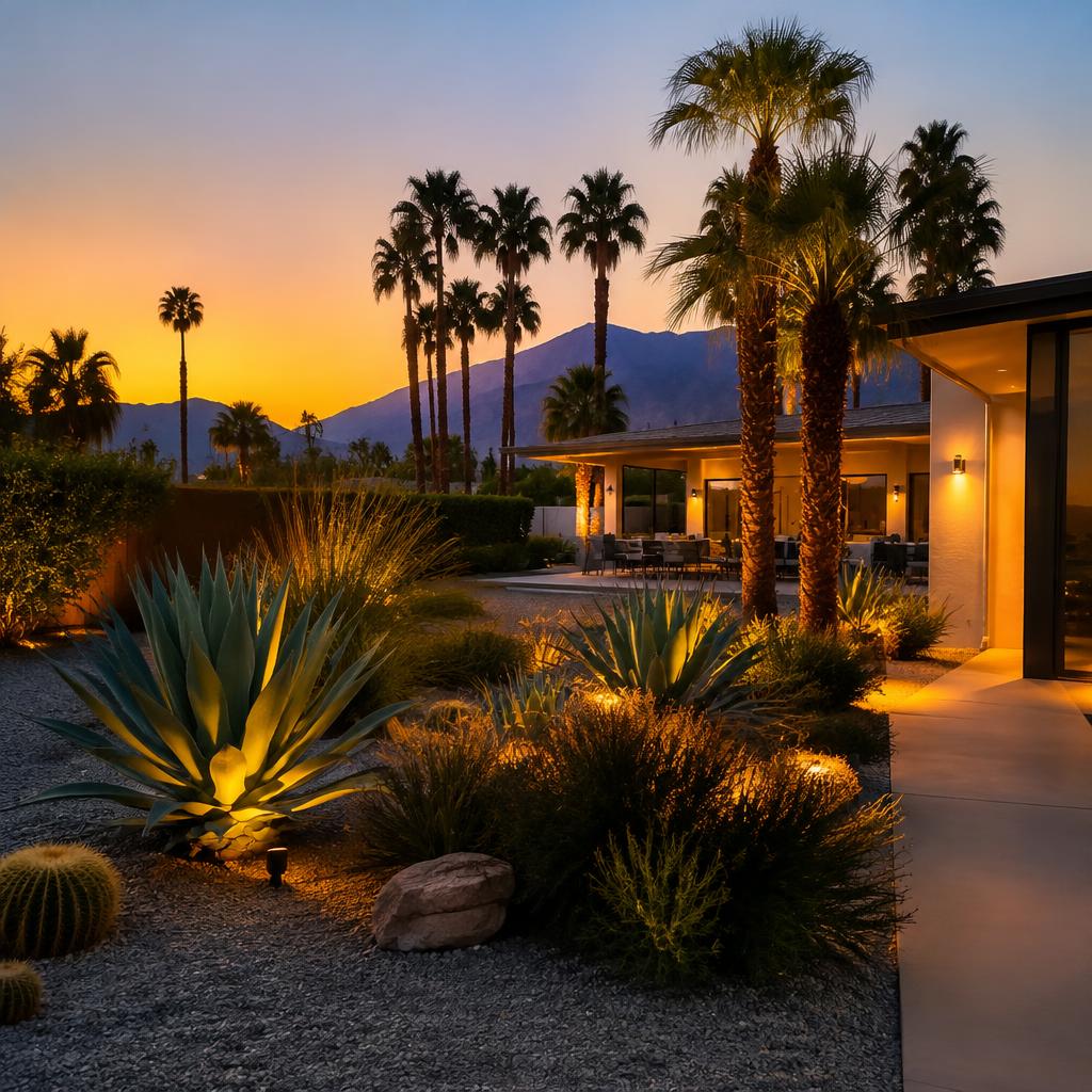 Desert landscape with lighting at dusk